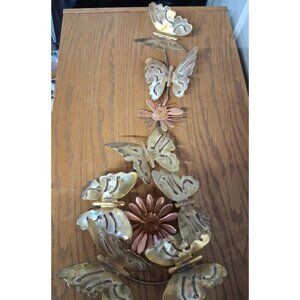Metal Butterfly & Flower Wall Art Sculpture 30" Long Handcrafted Nature-Inspired